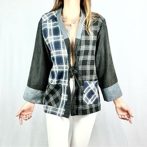 💙🖤Blue Black Plaid Japanese-Style Streetwear Tie-Front Long-Sleeved Kimono Top